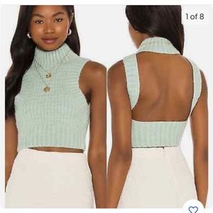 For Love & Lemons Dominique Crop Sweater Tank mint Green Small Open Back NWT